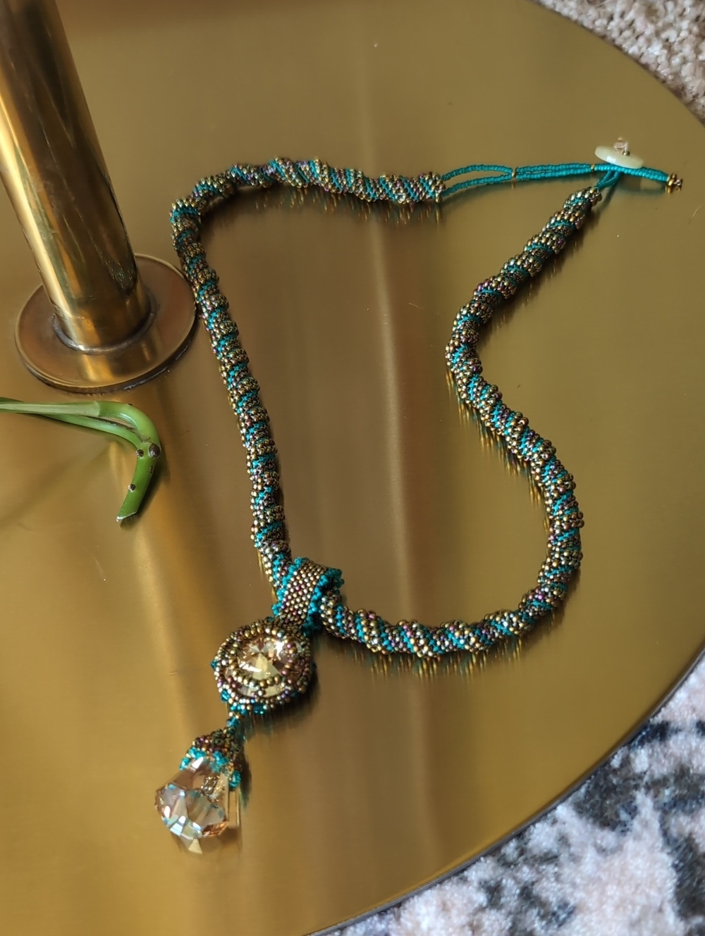 Handcrafted Beaded Teal and Gold Pendant Necklace - Women Jewelry